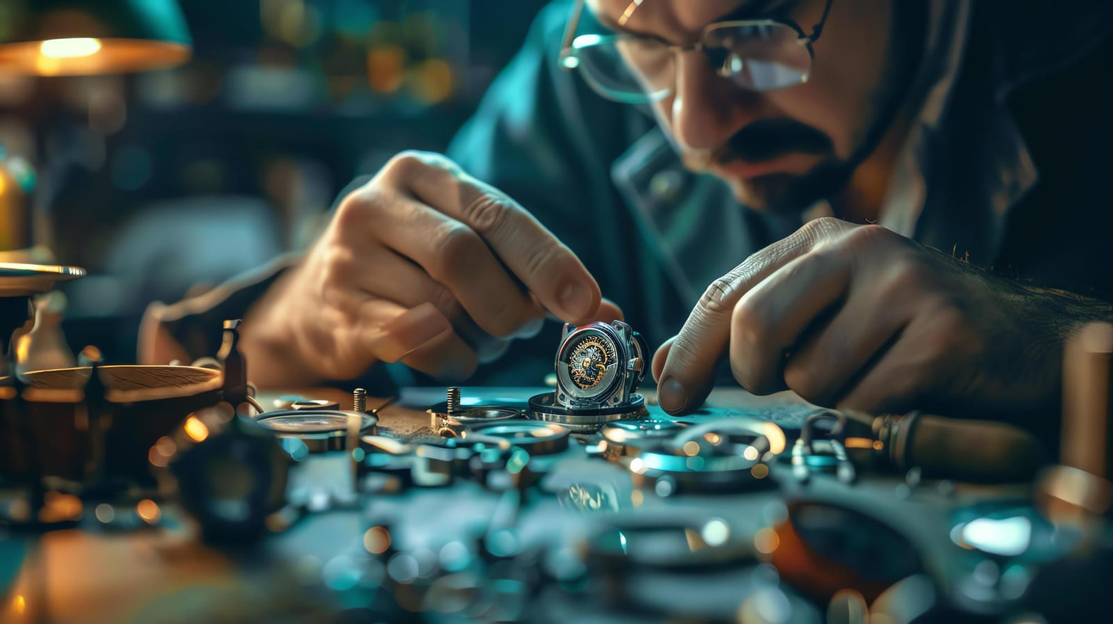 Orologiaio al banco mentre ripara un orologio con pinzette di precisione
