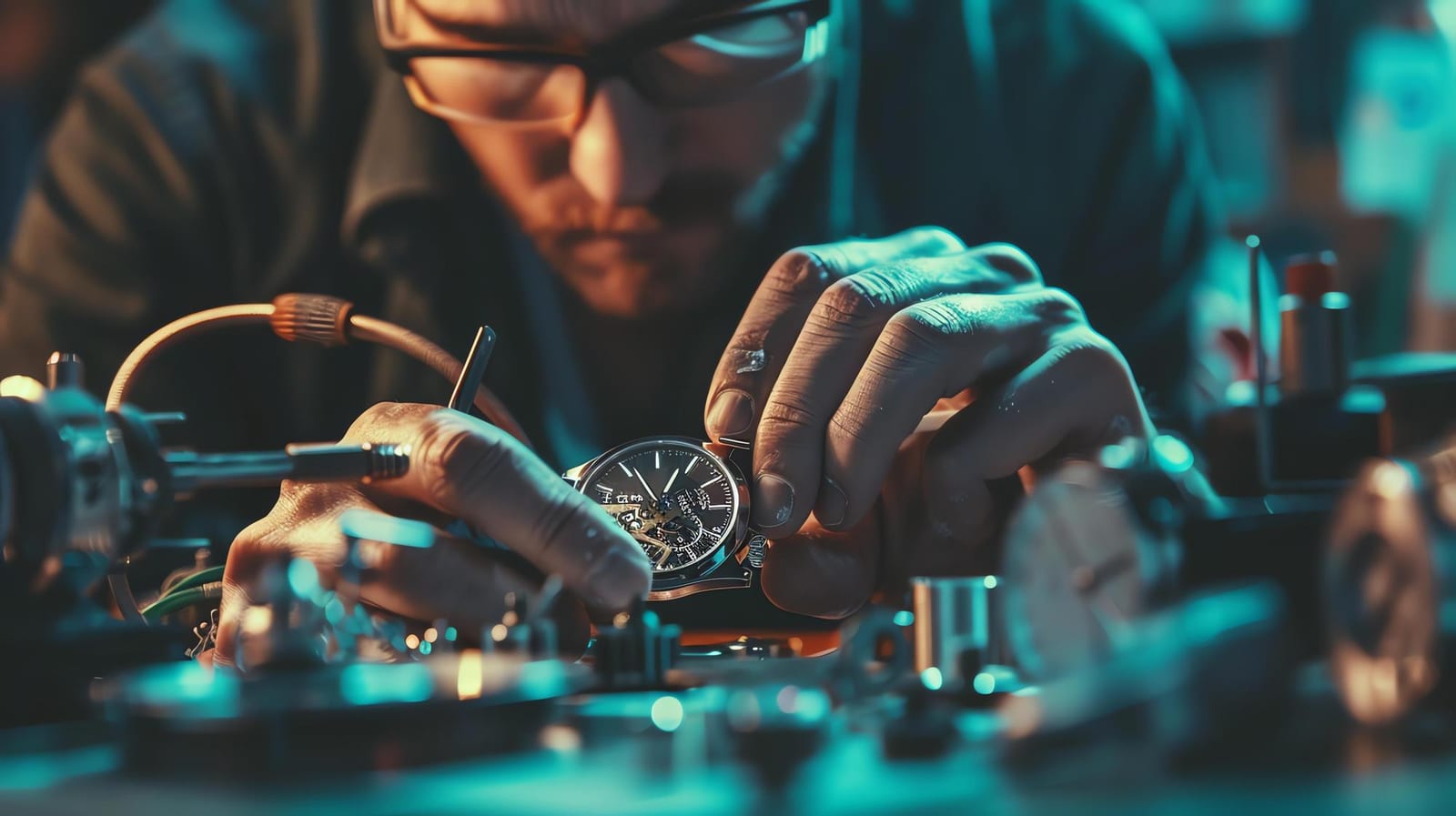 Orologiaio concentrato mentre esamina un movimento al banco di lavoro