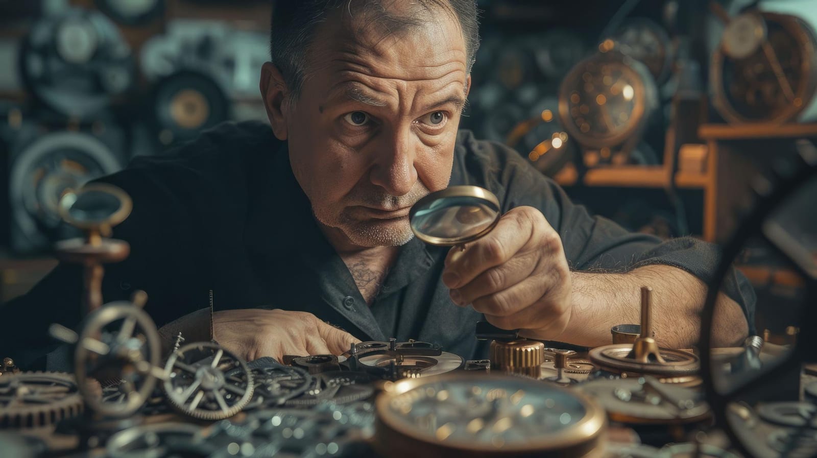 Orologiaio professionista al lavoro all'interno dell'officina